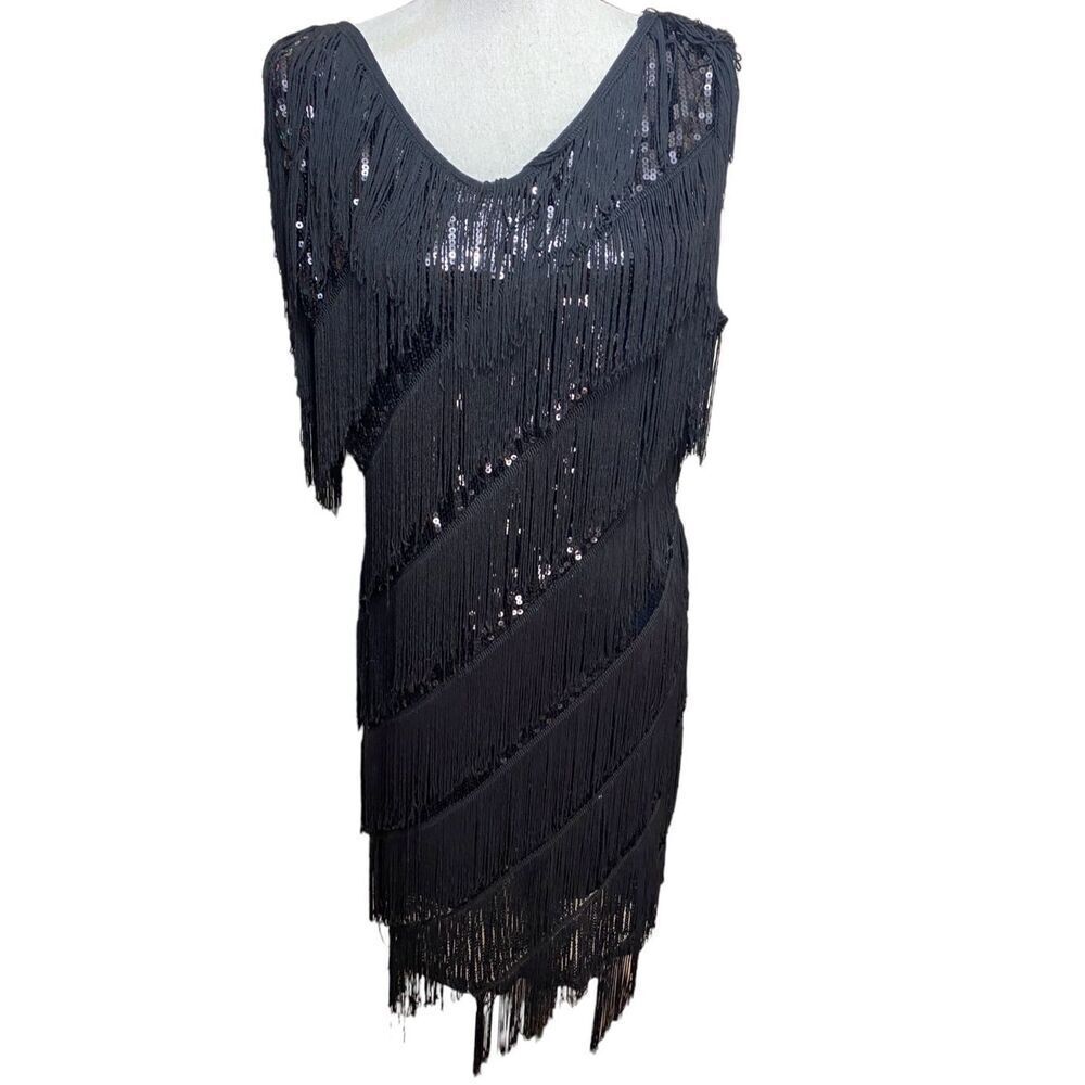 Pretty Guide Womens Black Sequin Tassels Gatsby Dress Large